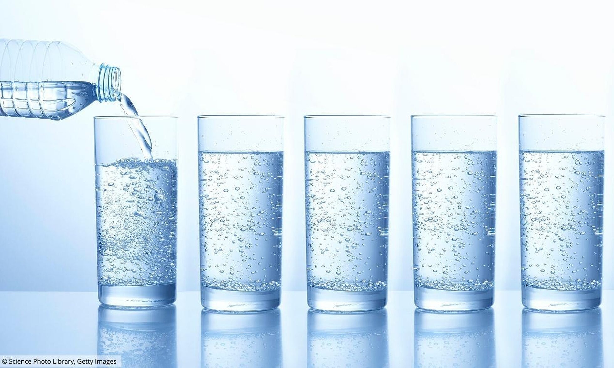 5 Gläser mit Wasser und eine Wasserflasche