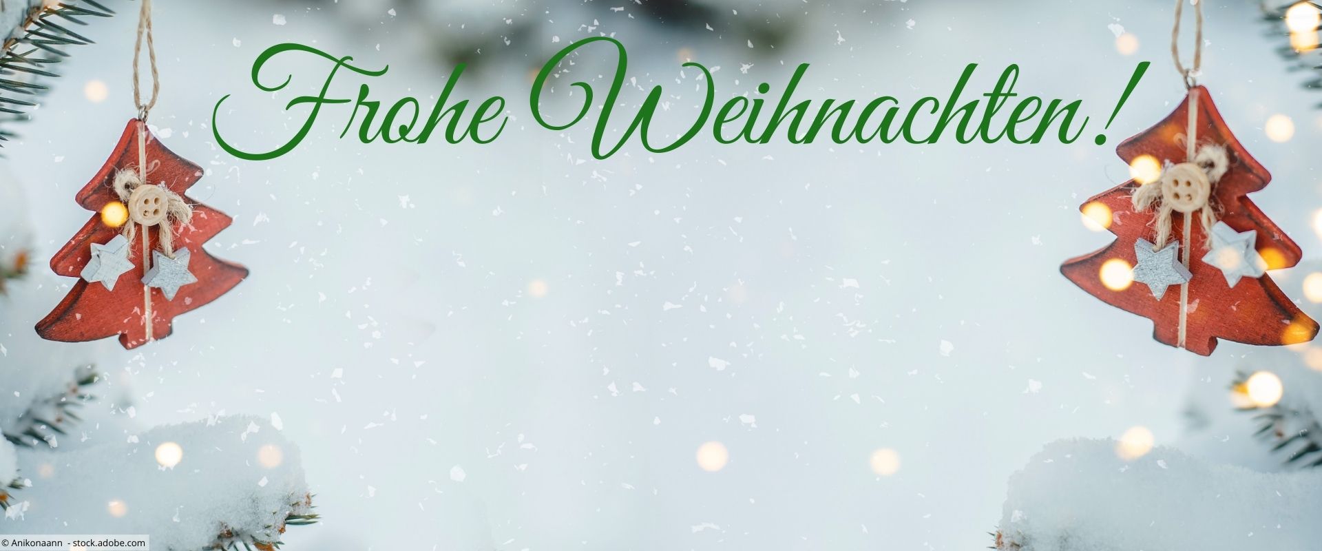 Frohe Weihnachten wünscht "Gesund und aktiv älter werden"! Verschneite Tannenbäum mit roten Holzanhänger und Lichtern, mittig Schriftzug Frohe Weihnachten