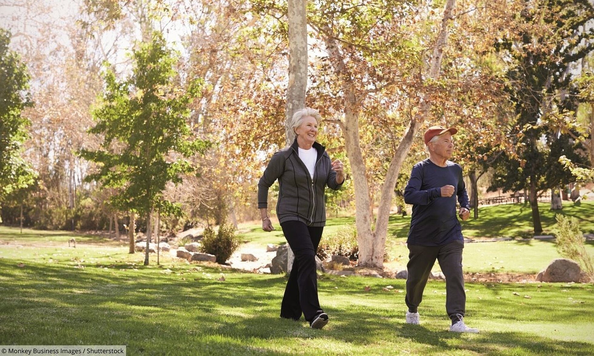 Frau und Mann beim Walking im Park