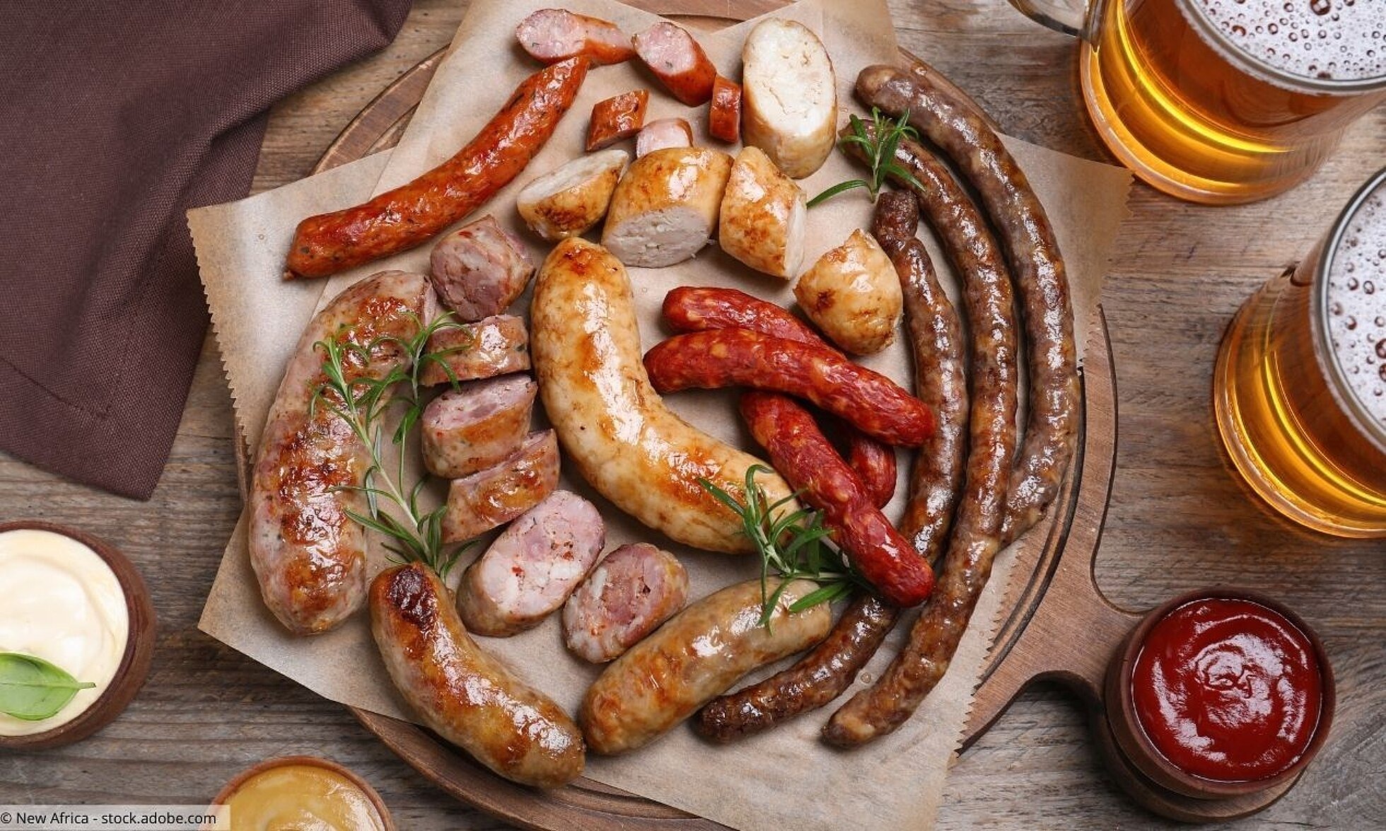 Platte mit gegrillten Würsten und Bier