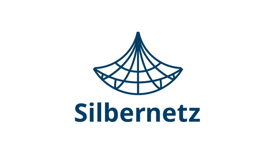 Logo Silbernetz: Lila Schriftzug und lila Netz