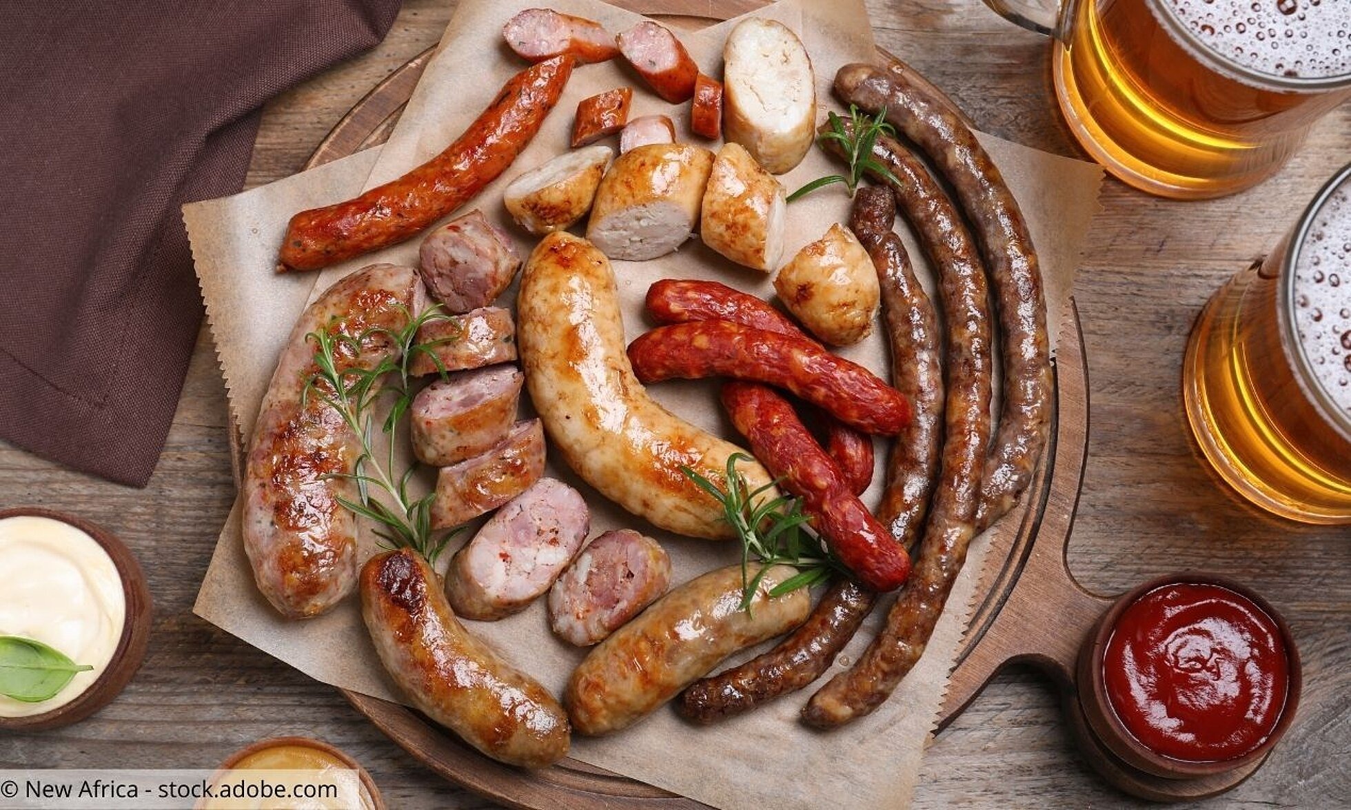 Platte mit gegrillten Würsten und Bier