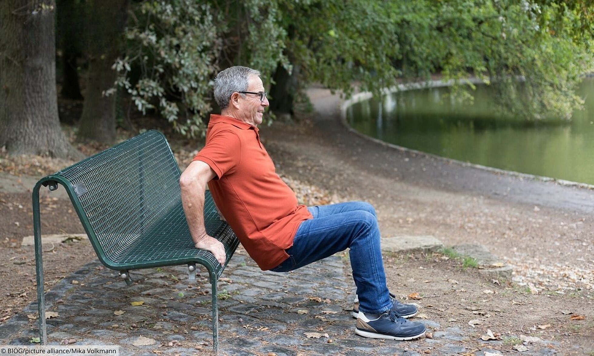Mann macht Stützbeugen mit Hilfe einer Bank im Park