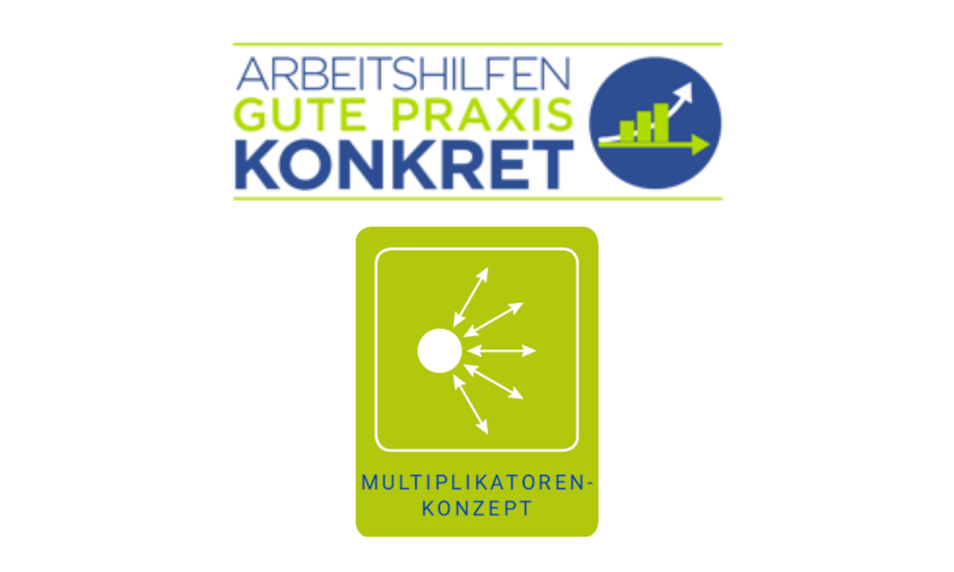 Arbeitshilfen "Gute Praxis konkret" - Kriterium Multiplikatorenkonzept Logo: Multiplikatorenkonzept - Kreis von dem mehrere Pfeile in unterschiedliche Richtungen zeigen