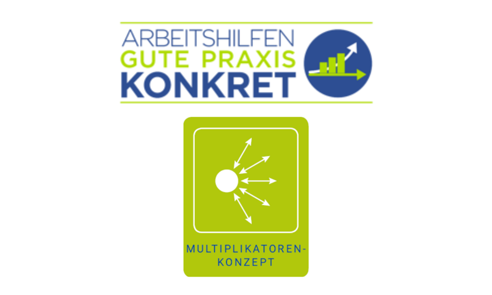 Logo: Multiplikatorenkonzept - Kreis von dem mehrere Pfeile in unterschiedliche Richtungen zeigen