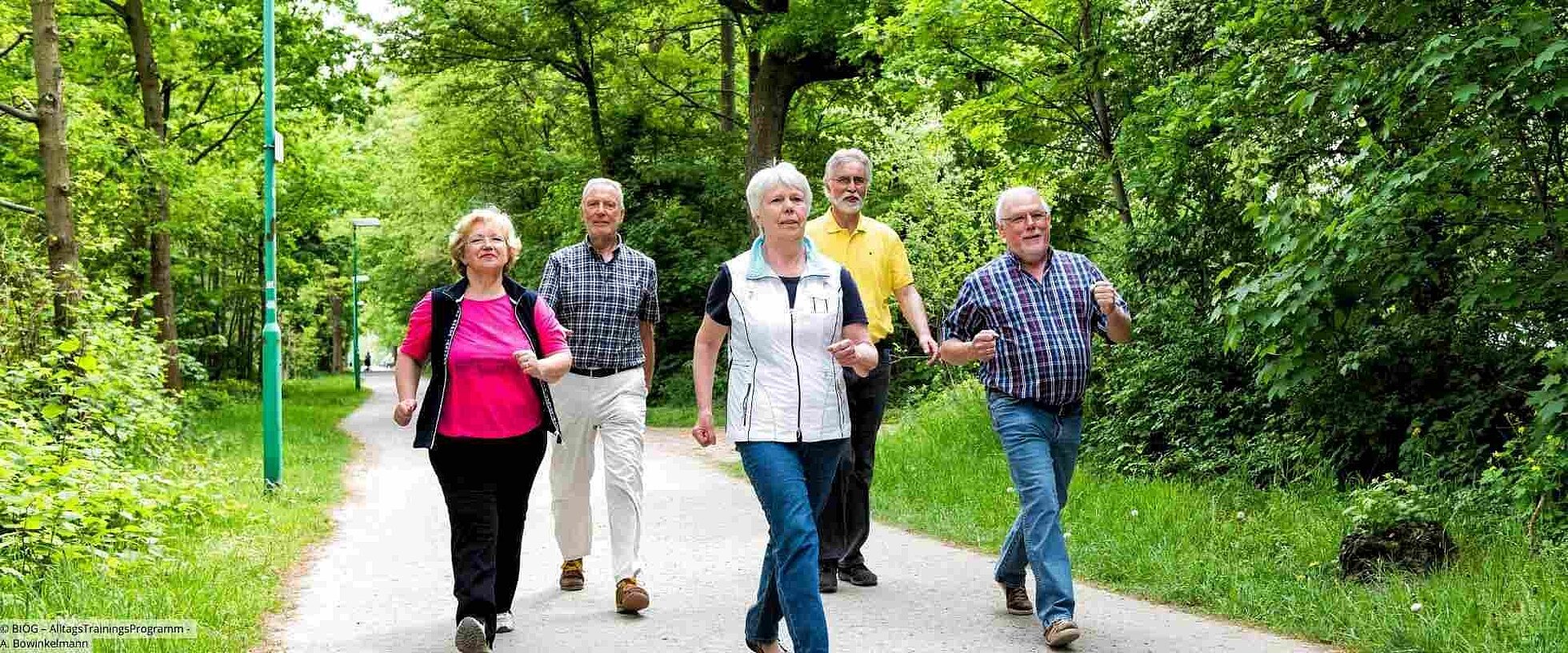AlltagsTrainingsProgramm (ATP) Gruppe mit Seniorinnen und Senioren beim Walking