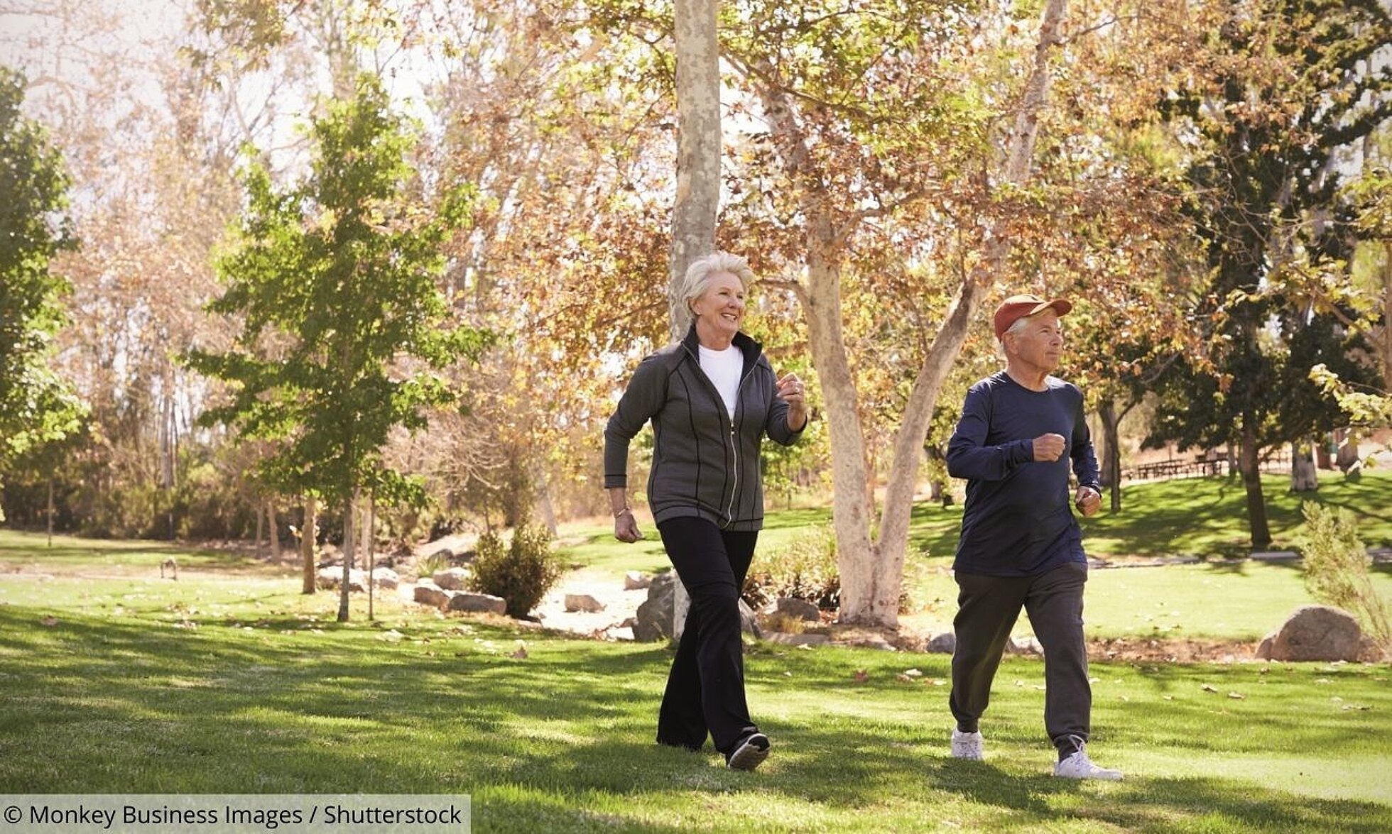 Frau und Mann beim Walking im Park