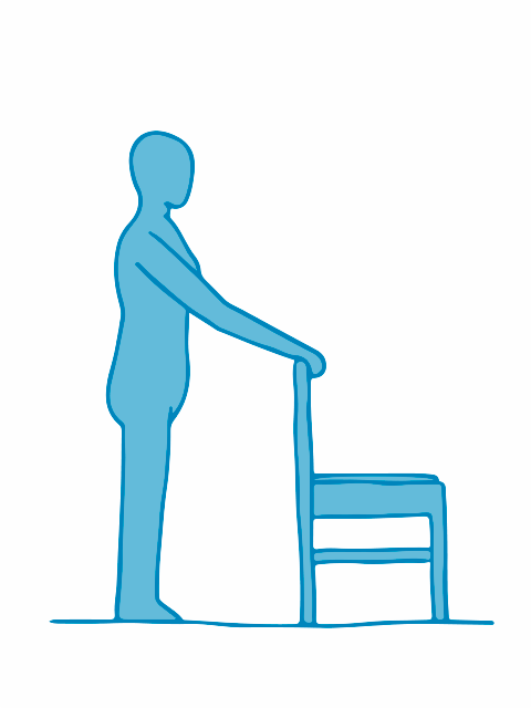 Bewegte Grafik: Kniebeuge mit Festhalten an Stuhllehne